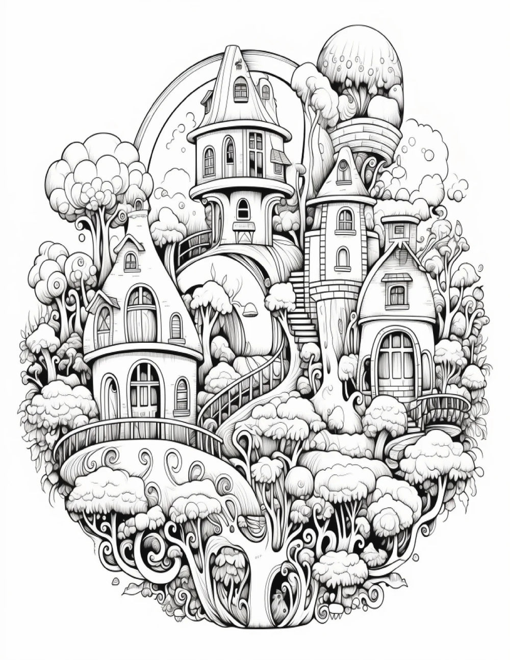 Fantasy World Pages | 25 Printable Coloring Pages | Fantasy Adult Coloring | Fairy World | Grayscale Printable Coloring Book