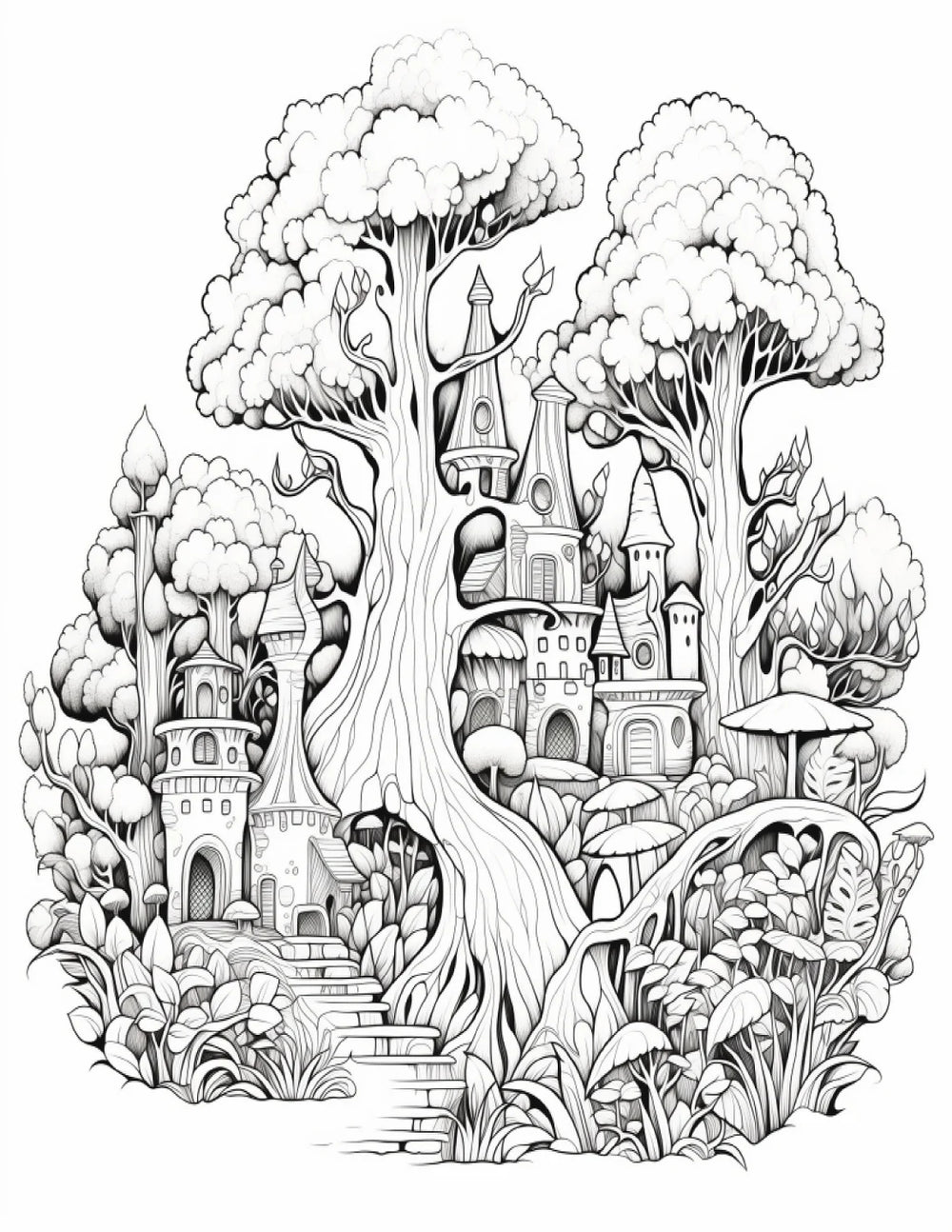 Fantasy World Pages | 25 Printable Coloring Pages | Fantasy Adult Coloring | Fairy World | Grayscale Printable Coloring Book